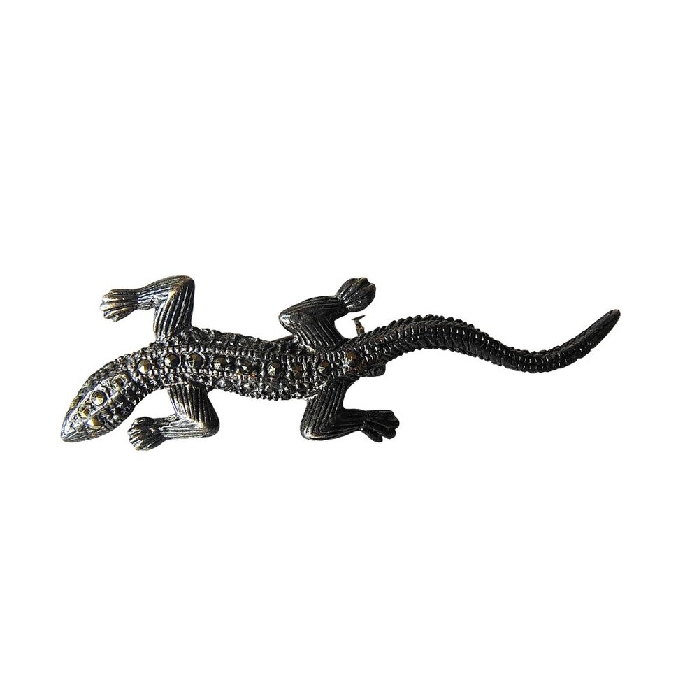 Marcasite Sterling Silver Lizard Gecko Brooch Pin, 2.25" Art Deco Style